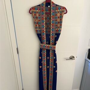 Royal Blue Embroidered Maxi Dress with Geometric Trim